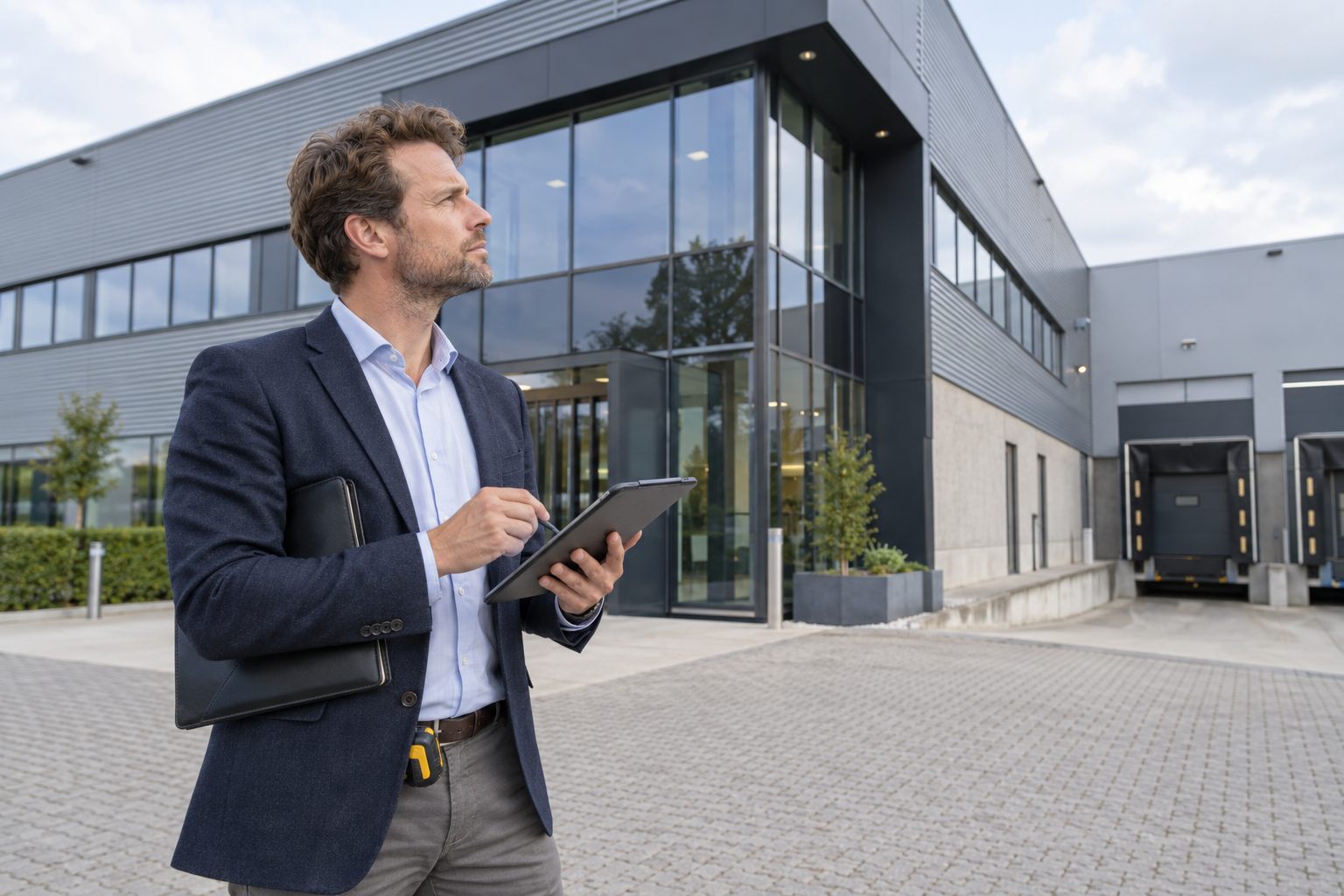 Taxateur met een tablet voor een bedrijfsruimte